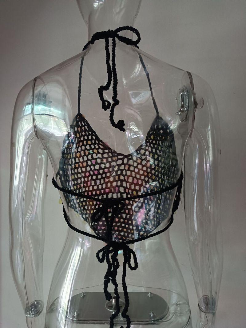 Sexy, ausgehöhltes, rückenfreies Bikinioberteil mit Perlenquasten – trendige Häkelbademode für Damen, ärmellose Strandmode mit V-Ausschnitt in mehreren Farben (S/M/L)_voghion.com