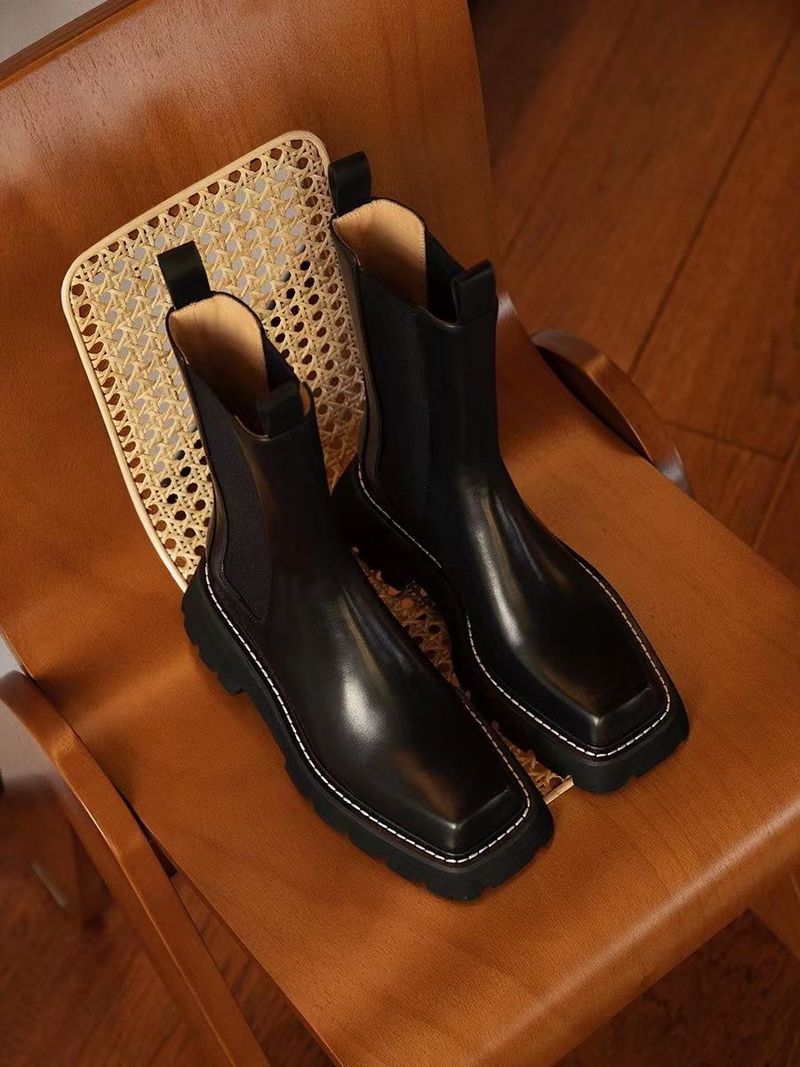 New Autumn New British Style Platform Thick Sole New Mid-Calf Square Toe Chunky Heel Slip-On Martin Boots_voghion.com