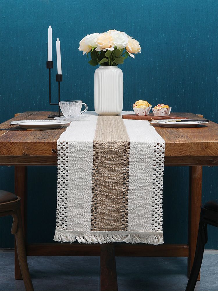 Two Color Woven Tassel American Cotton And Linen Table Runner Stitching Natural Material Table Mat Holiday Decoration Cover_voghion.com
