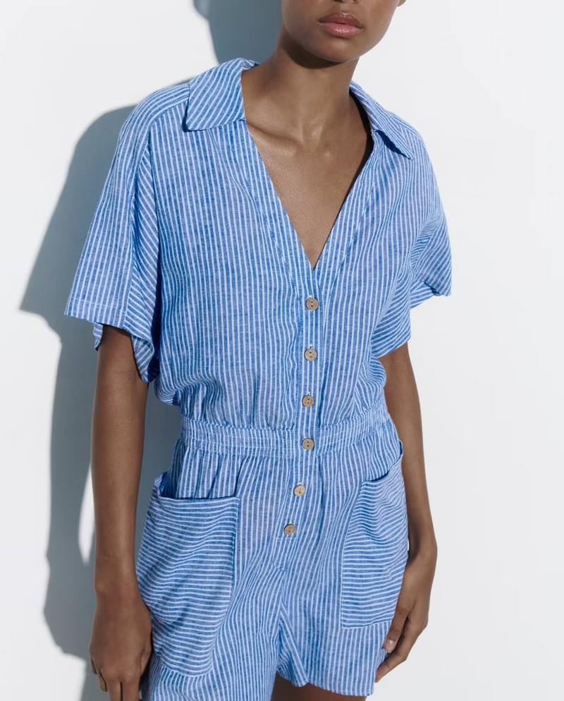 Women's Clothing Summer New Lapel Loose Waist Linen Blended Striped Short Jumpsuit_voghion.com