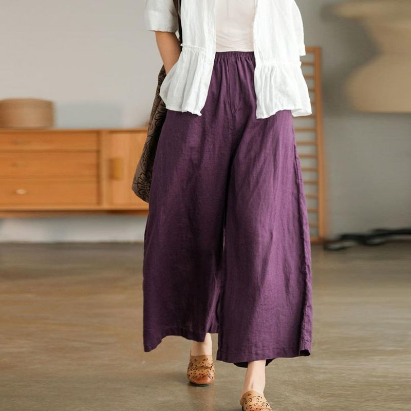 Venda quente Mulheres Verão Primavera Perna Larga Oversized Reta Cor Sólida Cintura Elástica Combinar Top Bolsos Virilha Profunda Senhora Nona Calças_voghion.com