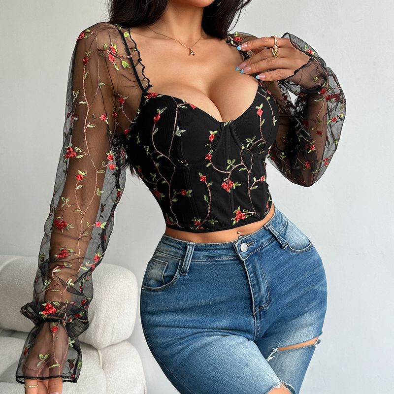 Top a maniche lunghe con ricamo patchwork in rete trasparente e anello in acciaio a spina di pesce K Spicy Girl_voghion.com