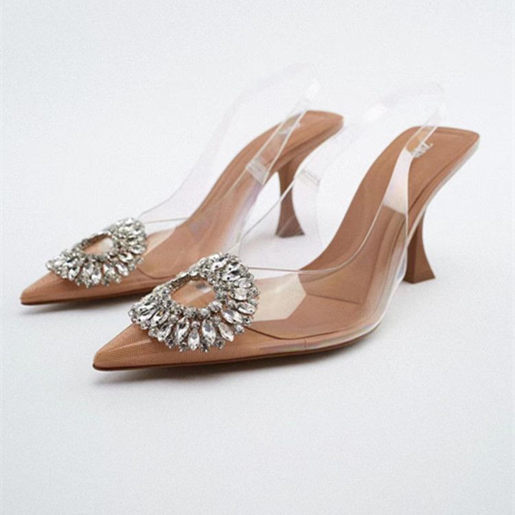Sharp pointed fine heel plus size sandals summer new sunflower water drill buckle women s transparent high heels_voghion.com