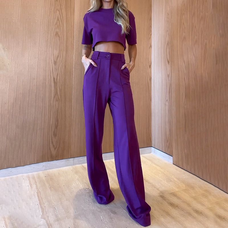Ensemble de vêtements pour femmes, mode col rond, manches courtes, haut droit, pantalon, couleur unie, ensemble deux pièces_voghion.com