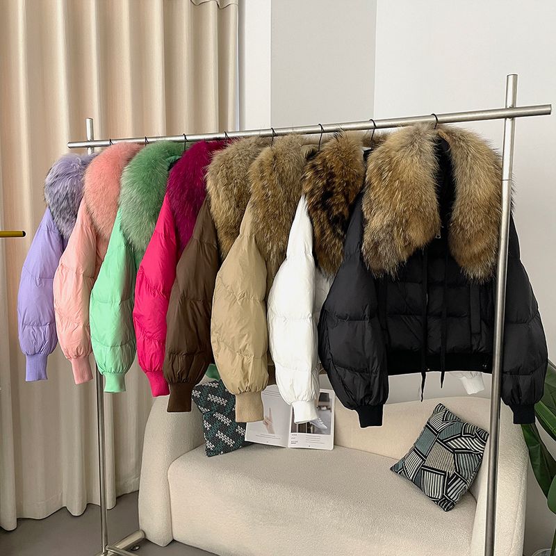 Women's Clothing Ready to stock detachable oversized raccoon fur collar winter women's short thickened white duck Warm jacket jacket flat coat coat_voghion.com