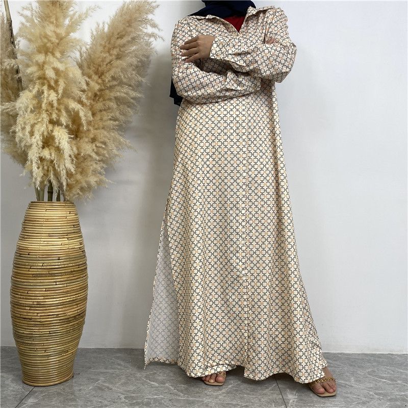 Conjunto de 2 piezas de cárdigan largo con botones de satén estampado a la moda y pantalones con bolsillo 6674_voghion.com