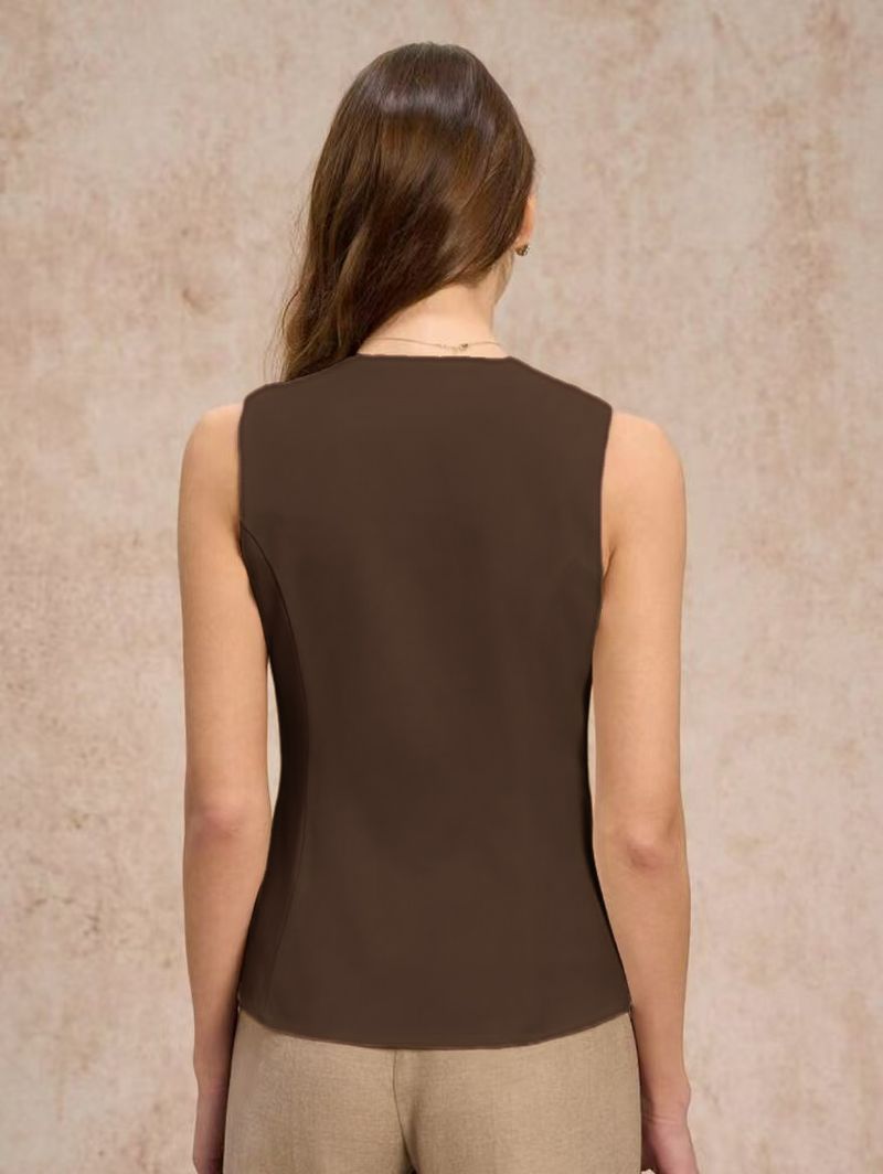 Chaleco informal de cuello redondo para mujer, de verano, sencillo, a la moda, con botones, color liso_voghion.com