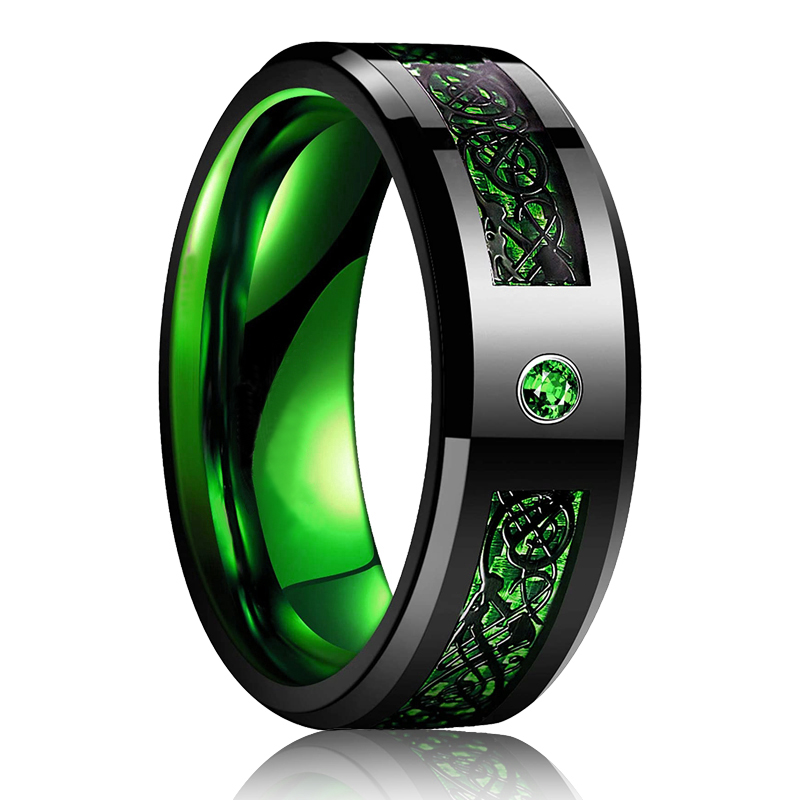 Hot Sales Hot Sales Fashion 8mm Black Tungsten Wedding Celtic Dragon Inlaid Zircon Punk Stainless Steel Blue Carbon Fibre Ring For Men_voghion.com