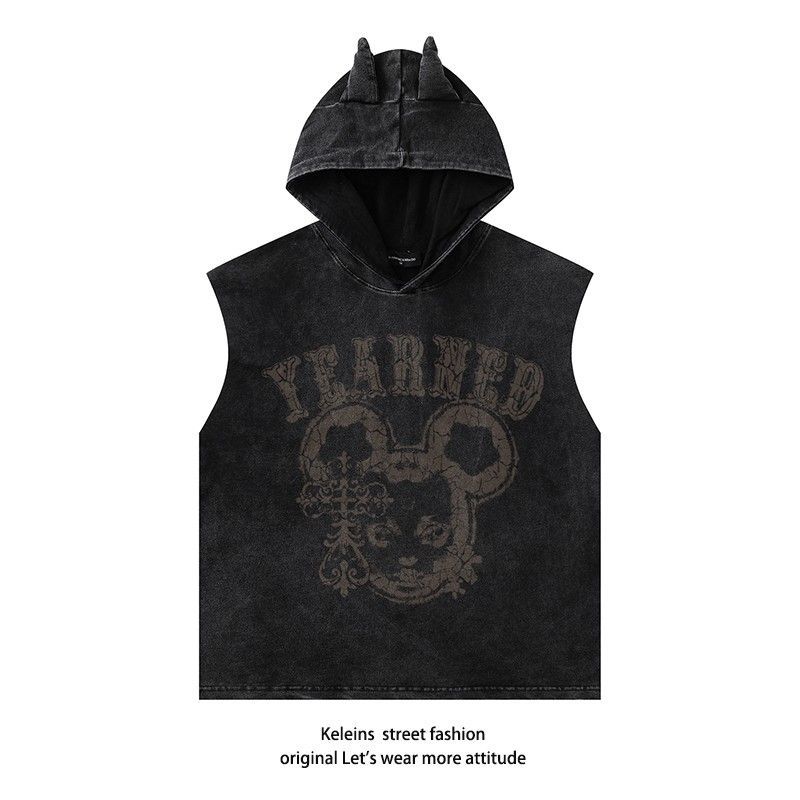 Gilet con cappuccio indossato stampato hiphop americano High Street per uomo e donna, maglietta casual senza maniche piccola e ampia cinese-chic_voghion.com