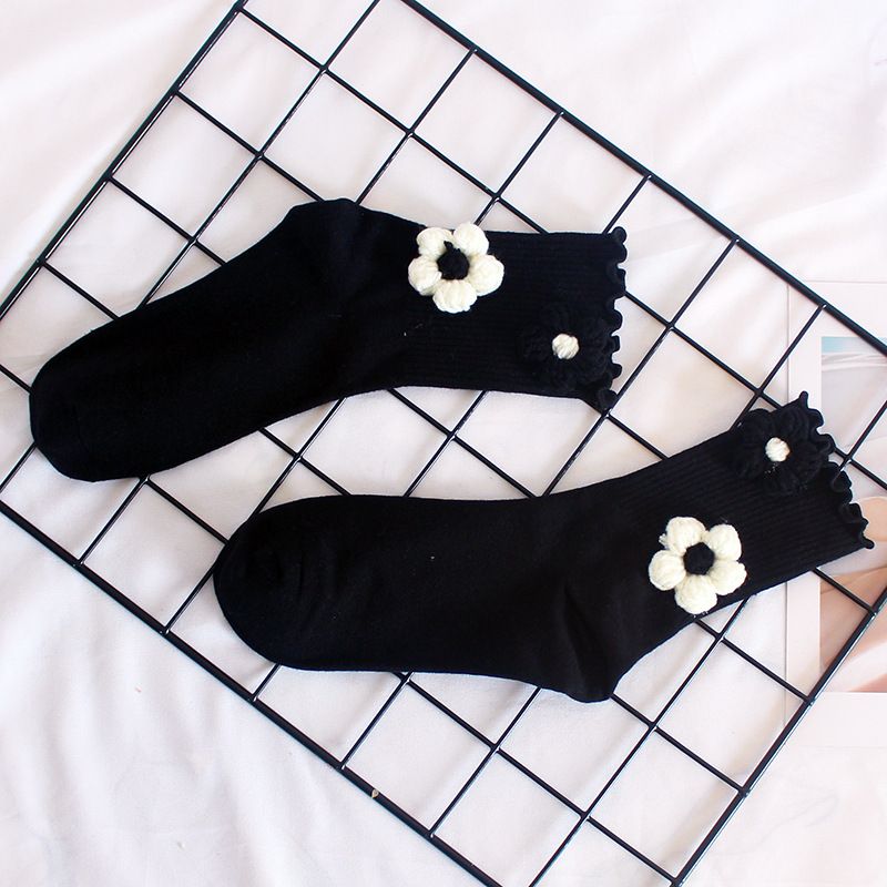 Calzini fatti a mano con fiori per donna, calzini con fiori in lana arricciata, calzini caldi a metà tubo per autunno e inverno, calzini sportivi per studenti_voghion.com