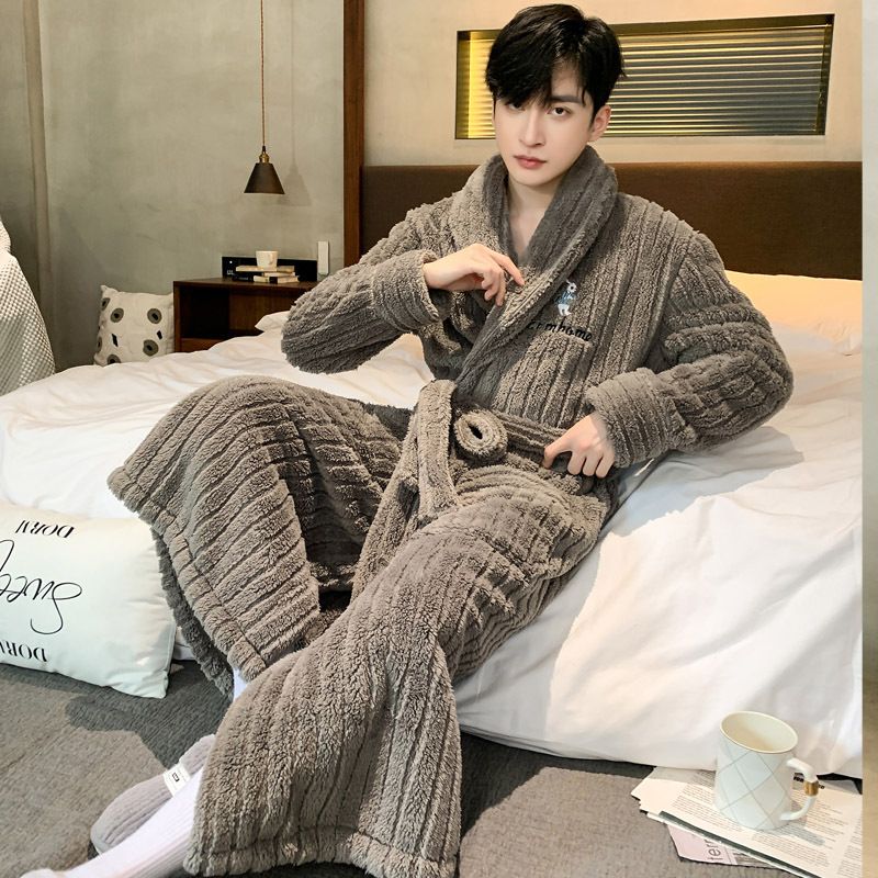 Herren-Pyjamas aus Korallenfleece, dick gefütterter Fleece-Bademantel in großen Größen, Herren-Loungewear-Morgenmäntel_voghion.com