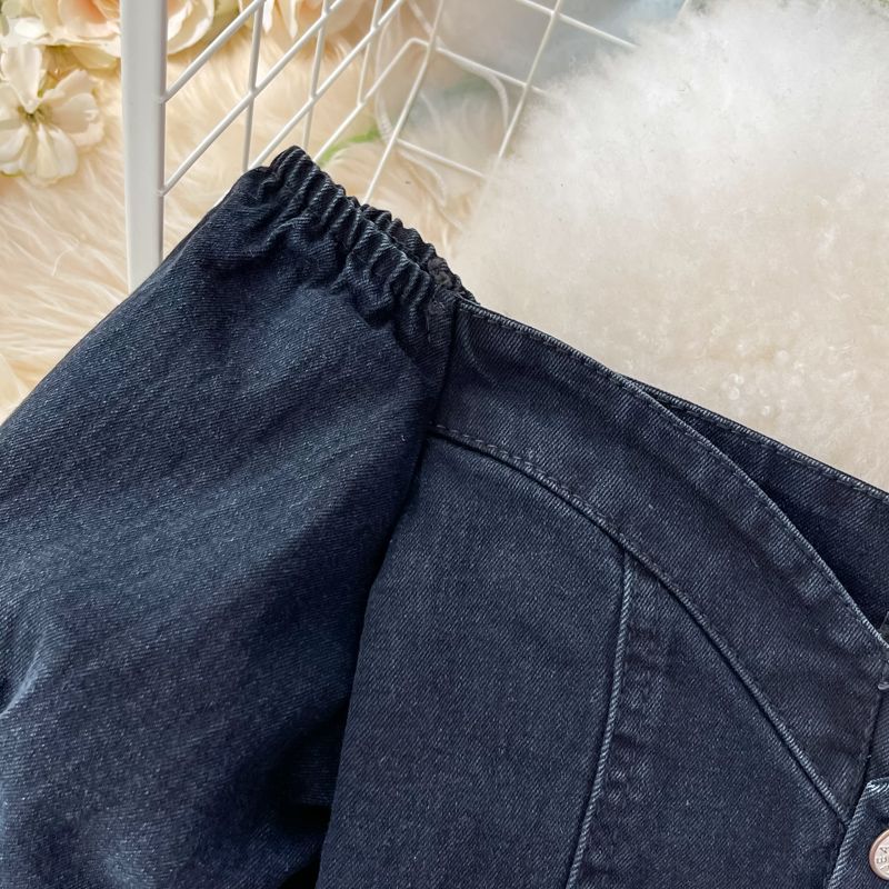 Gonna in denim da donna, lunghezza media, vita alta, spacco, gonna lunga a trapezio, gonna alla moda, completo due pezzi, top corto a vita alta_voghion.com