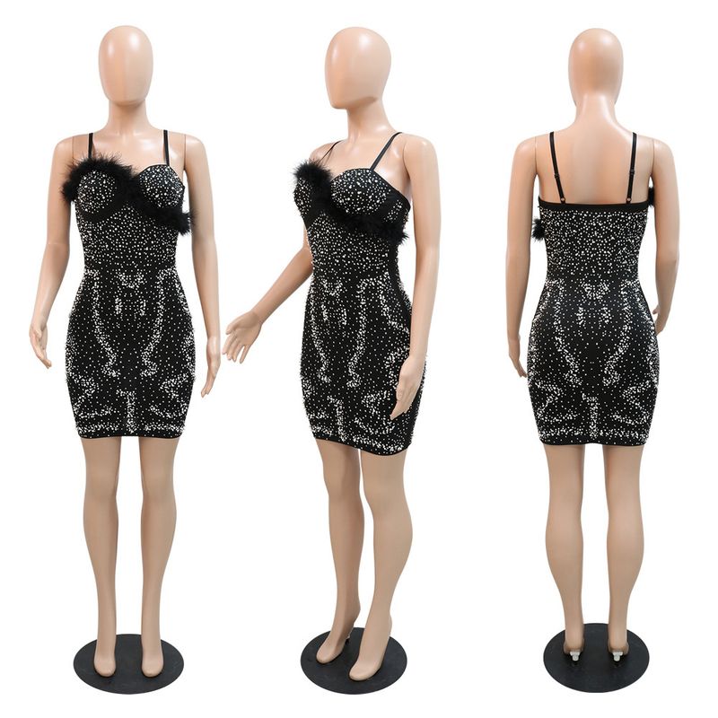 Women's Clothing Sexy Suspender Hot Diamond Dress With Spliced wool Clauses_voghion.com