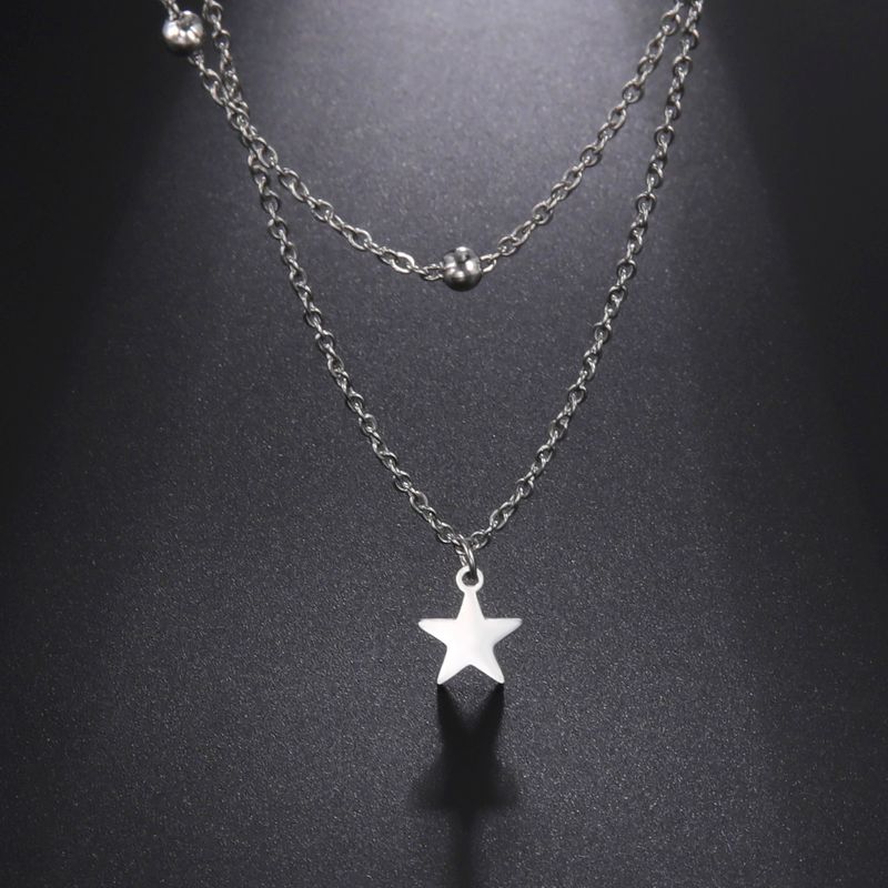 Hot Sales KKjoy Star Pendant Necklace for Women Sier Color Stainless Steel Beads Double Chain Collars Minimalist Jewelry_voghion.com