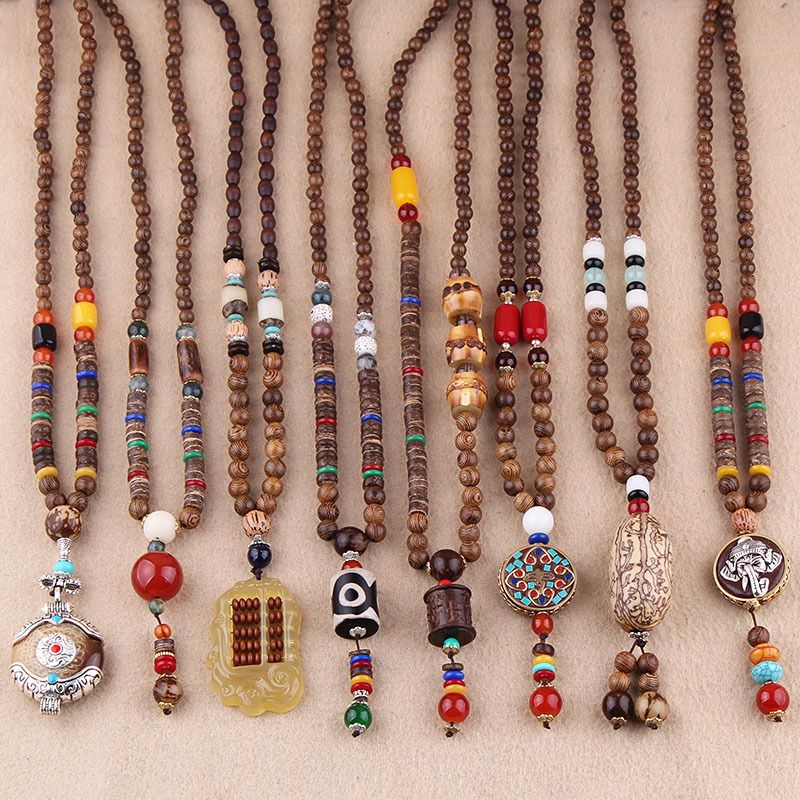 Collana lunga per maglione in stile etnico, ciondolo Bodhi, collana con perline di legno, accessori con ciondolo in cotone e lino per uomo e donna_voghion.com