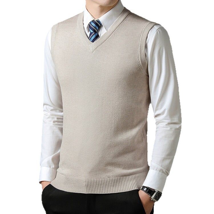 Spring And Autumn Wool Solid Color For Middle-aged Men, High-end V-neck Knitted Sweater, Warm Sleeveless Vest_voghion.com