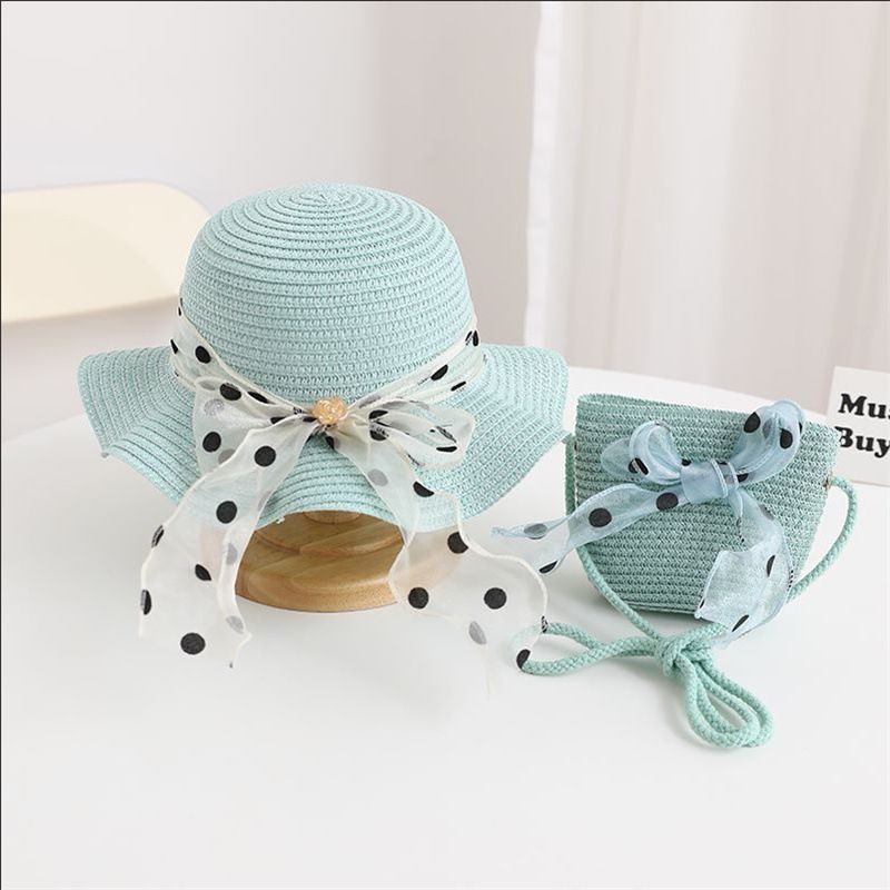 Nuovo set di cappelli e borse parasole con fiocco coreano a pois e onde di paglia per bambini, dolce e carino_voghion.com