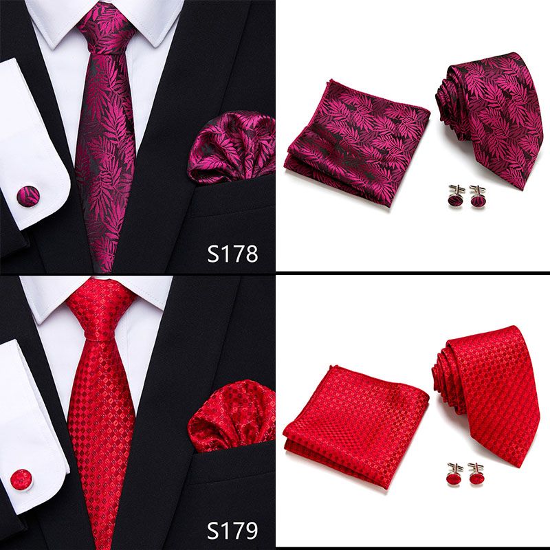 Jacquard Nuovo Design Festivo Regalo Cravatta Fazzoletto Gemelli Set Cravatta Uomo Plaid Camicia Gialla Accessori_voghion.com
