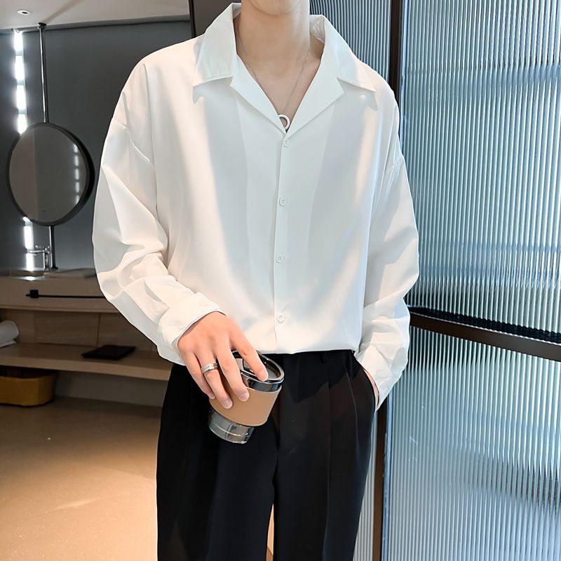 Unbeatable Quality New White For Men Long Sleeves, Trendy Cool Design, Niche Versatile With A Hanging Feel. Spring And Autumn Cuban Collar_voghion.com