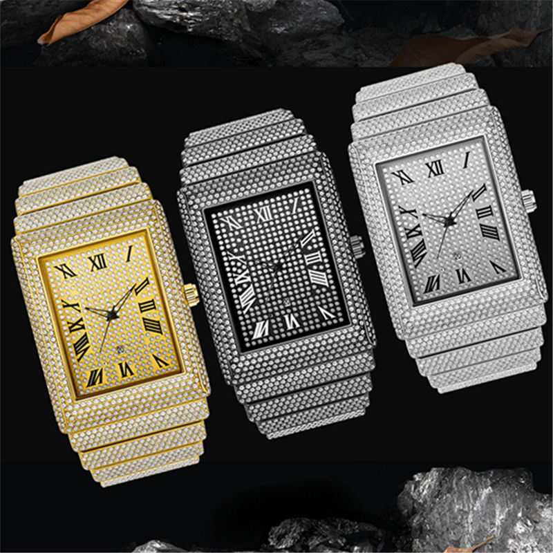 Men's Luxury Rhinestone Watch - Hip Hop Square Dial With Diamond Accents, Gold Tone Stainless Steel Band, Date Display, Quartz Movement_voghion.com