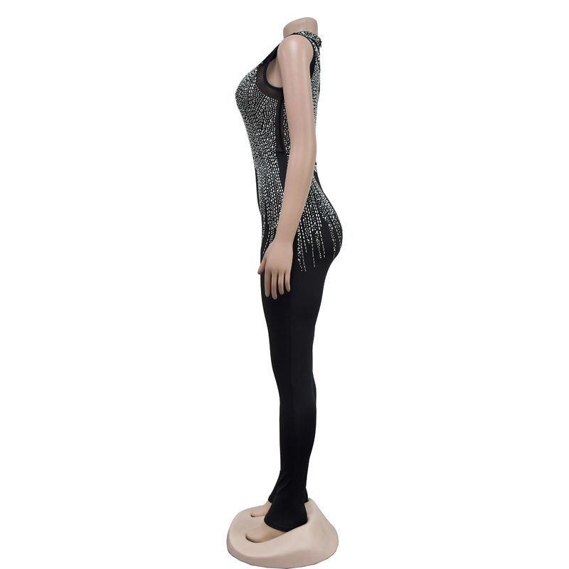 Vêtements pour femmes mode femmes couleur unie maille presse perceuse sans manches pantalon combinaison_voghion.com