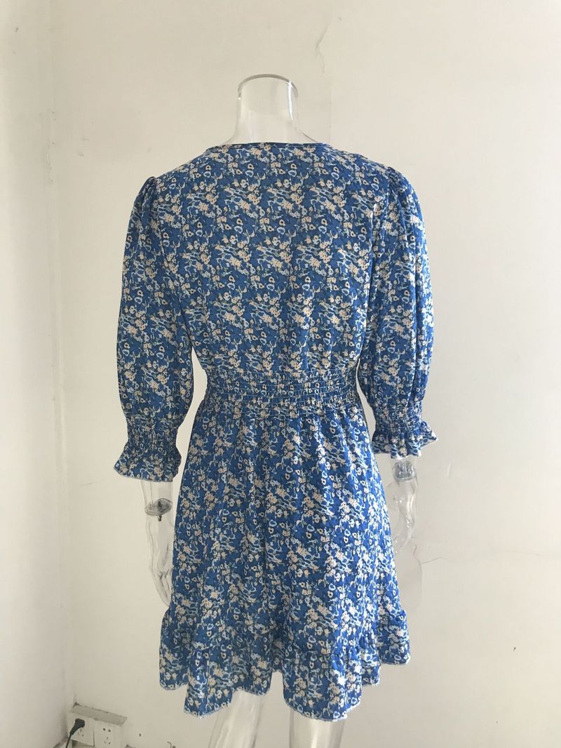Damenbekleidung Mittellanges Kleid mit Taillenpullover, böhmisches, bedrucktes, kurzärmliges, fragmentiertes Blumenkleid_voghion.com