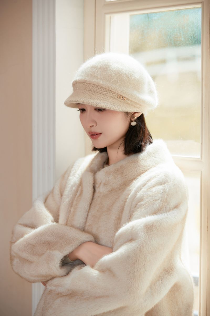 Rabbit Fur Blend Knitted Earflap For Women, Elegant Stylish Autumn And Winter Woolen Duckbill Cap, Face Slimming_voghion.com