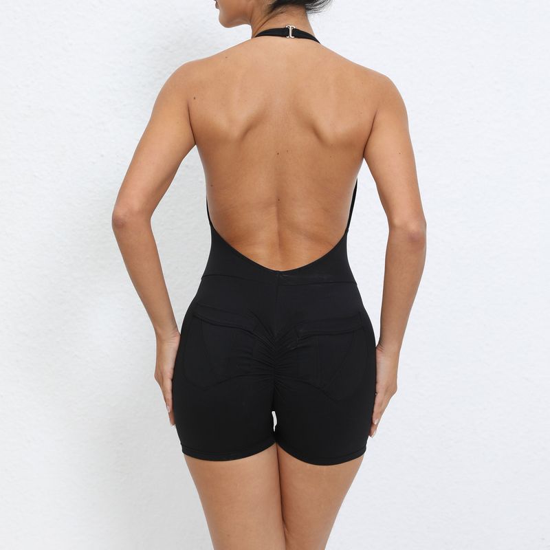 Vêtements pour femmes, couleur unie, poches, col licou, combinaison serrée, sport, fitness, course à pied, combinaison à trois points, short _voghion.com