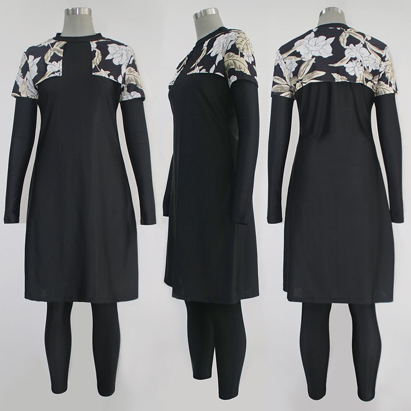 Damenbekleidung Strand Sonnenschutz Konservativ Bedrucktes Oberteil Hosen Hut Badeanzug Spleißen Vollumrandung Surfschild Badeanzug Dreiteiliges Set_voghion.com