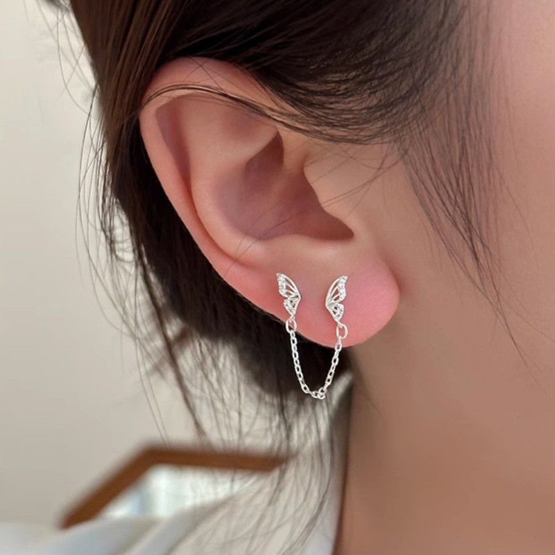 Silver needle butterfly for women, light luxury, versatile, niche design, high-end, sweet tassel, double ear hole_voghion.com
