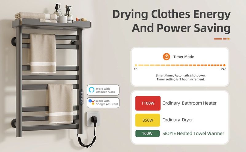SIOYIE Heated Towel Rack With Shelf And Wi-Fi App Control, 8 Bars Electric Wall Mounted Towel Warmer With Timer & Adjustable Temperature, Low Carbon Steel, Plug-in/Hardwired, Gray_voghion.com