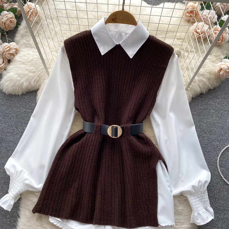Set de două piese pentru femei, cămașă albă cu mâneci lungi și vestă din tricot despicat_voghion.com