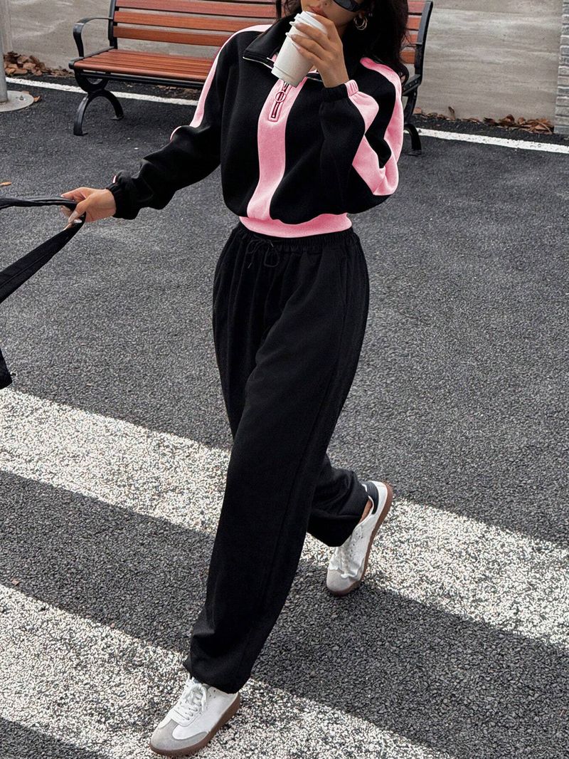 Damen-Set mit Sweatshirt und Hose mit halbhohem Kragen und Reißverschluss – lässiges Langarm-Outfit_voghion.com