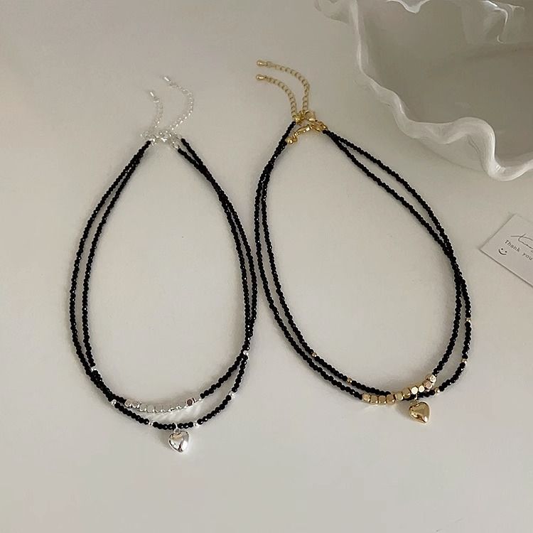Collar de corazón de metal de cristal negro para mujer, diseño de nicho, personalidad retro, collar de temperamento simple y versátil, cadena de clavícula_voghion.com