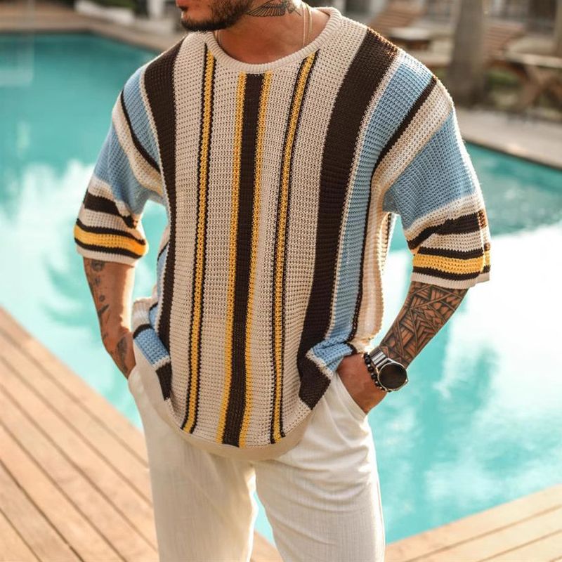 2025 őszi bő, kerek nyakú, középhosszú ujjú, nagyméretű csíkos kötött férfi pulóver_voghion.com