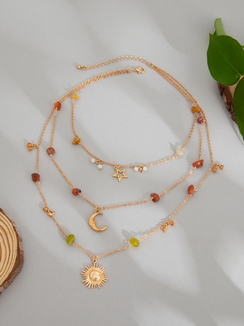 Set di collane a strati celestiali color oro per donna, collana con ciondolo sole, luna e stella con perline in pietra naturale, gioielli con dichiarazione di astrologia boho_voghion.com