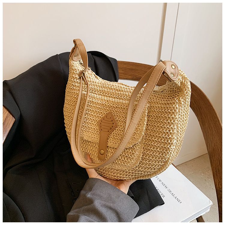 Straw Bag Woven Bag Casual Holiday Wind Straw Bag Women's Single Shoulder Underarm Saddle Bag Large Capacity Beach Bag_voghion.com