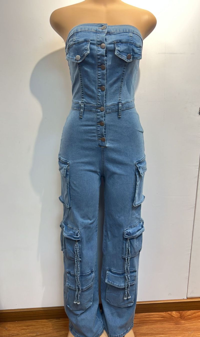 Roupas femininas Novo Top tubular Multi bolsos Jeans macacão Multi botões Roupas femininas_voghion.com