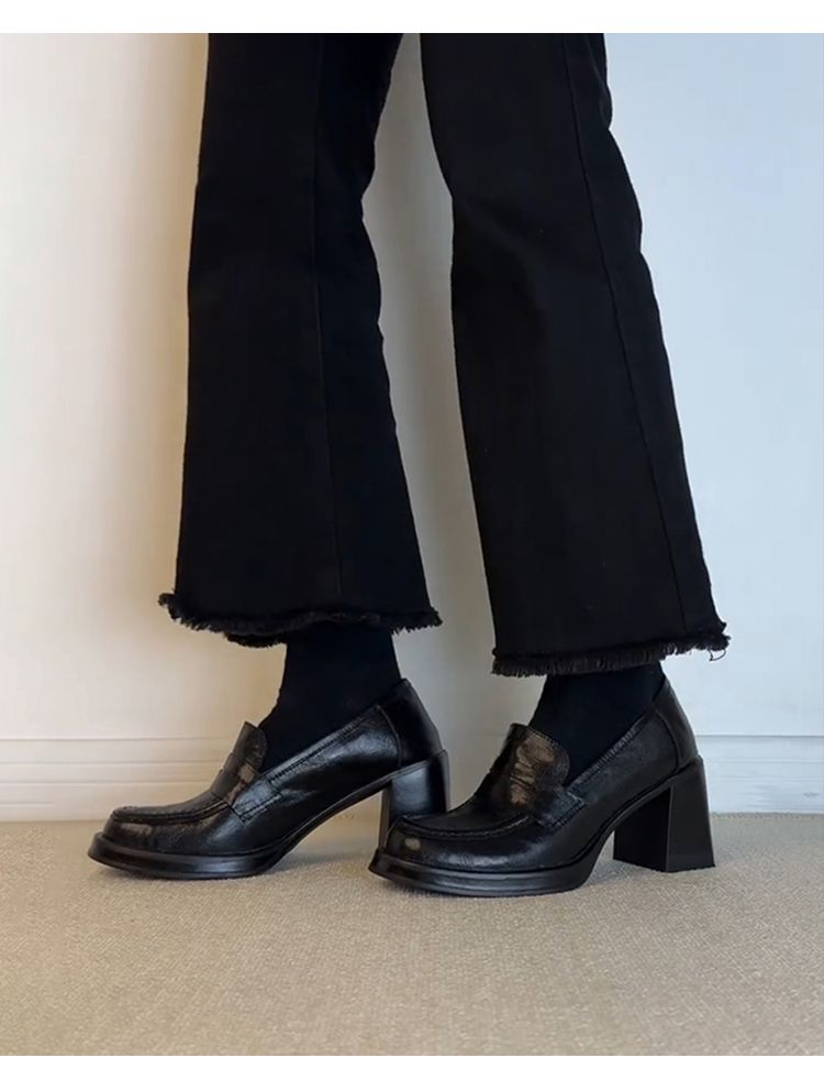 Ziegenleder-Version ~ Authentische Loafer Damen Retro Schwarz Slip-on Flats Elegant High Heel Arbeitskleidung Vielseitig Klein_voghion.com