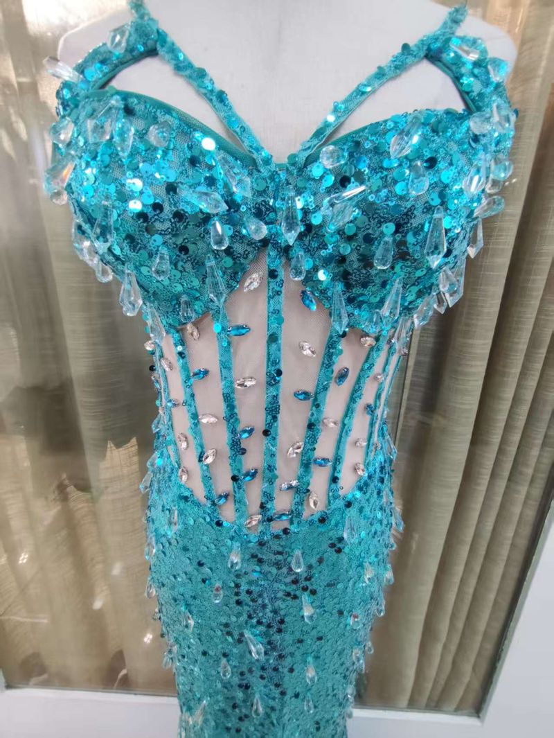Elegante abito da sera aderente con schiena scoperta e paillettes blu per donna - Splendido spacco e design a vita alta, perfetto per feste, banchetti e occasioni speciali_voghion.com