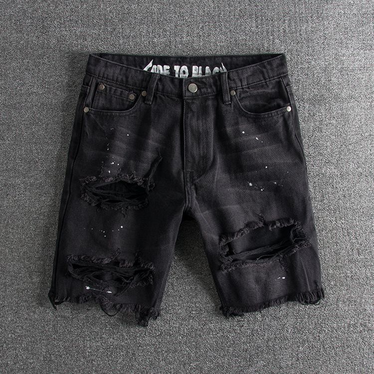 Herrenbekleidung, gewaschene und abgenutzte Tintenspritzer, große Löcher, trendige, originelle Herren-Jeansshorts für Jugendliche_voghion.com
