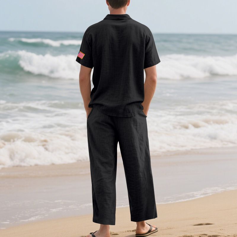 Summer Loose Men's Beach Linen Breathable Casual Large Size Lapel Independence Day Trousers Suit_voghion.com