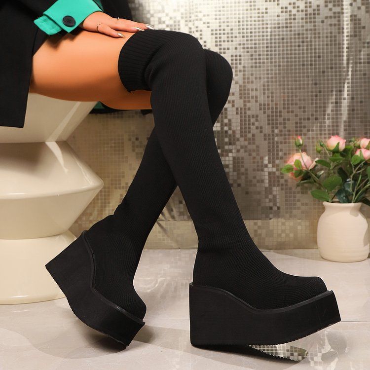 Großer gewebter High-Top für Damen mit schrägen Absätzen und dünnen elastischen Socken, lange Stiefel_voghion.com