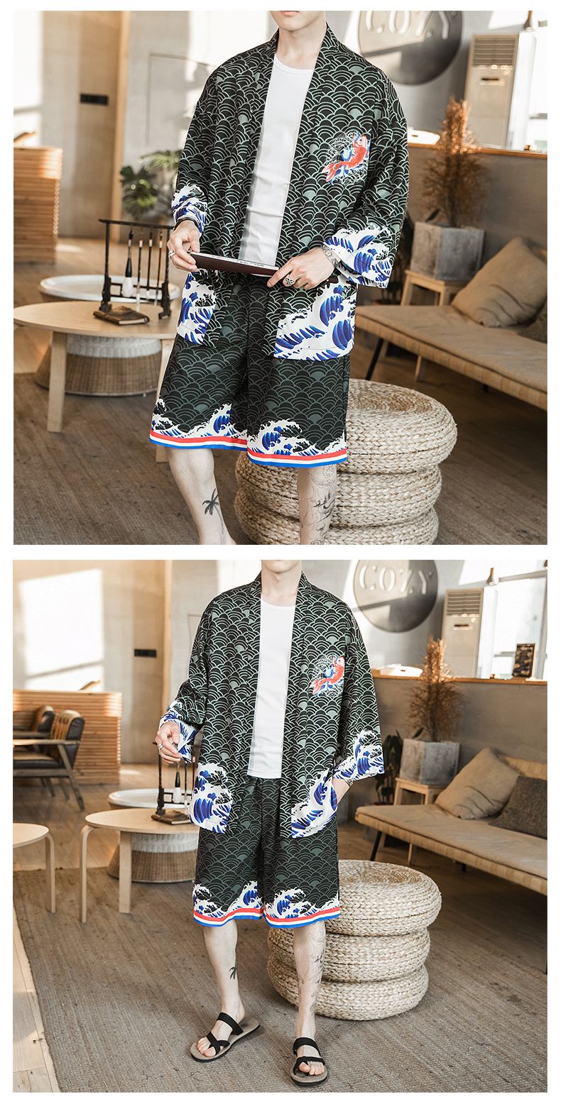 Herrenbekleidung Anzug Roter Fisch Kimono Große Größe Zweiteiliges Set_voghion.com