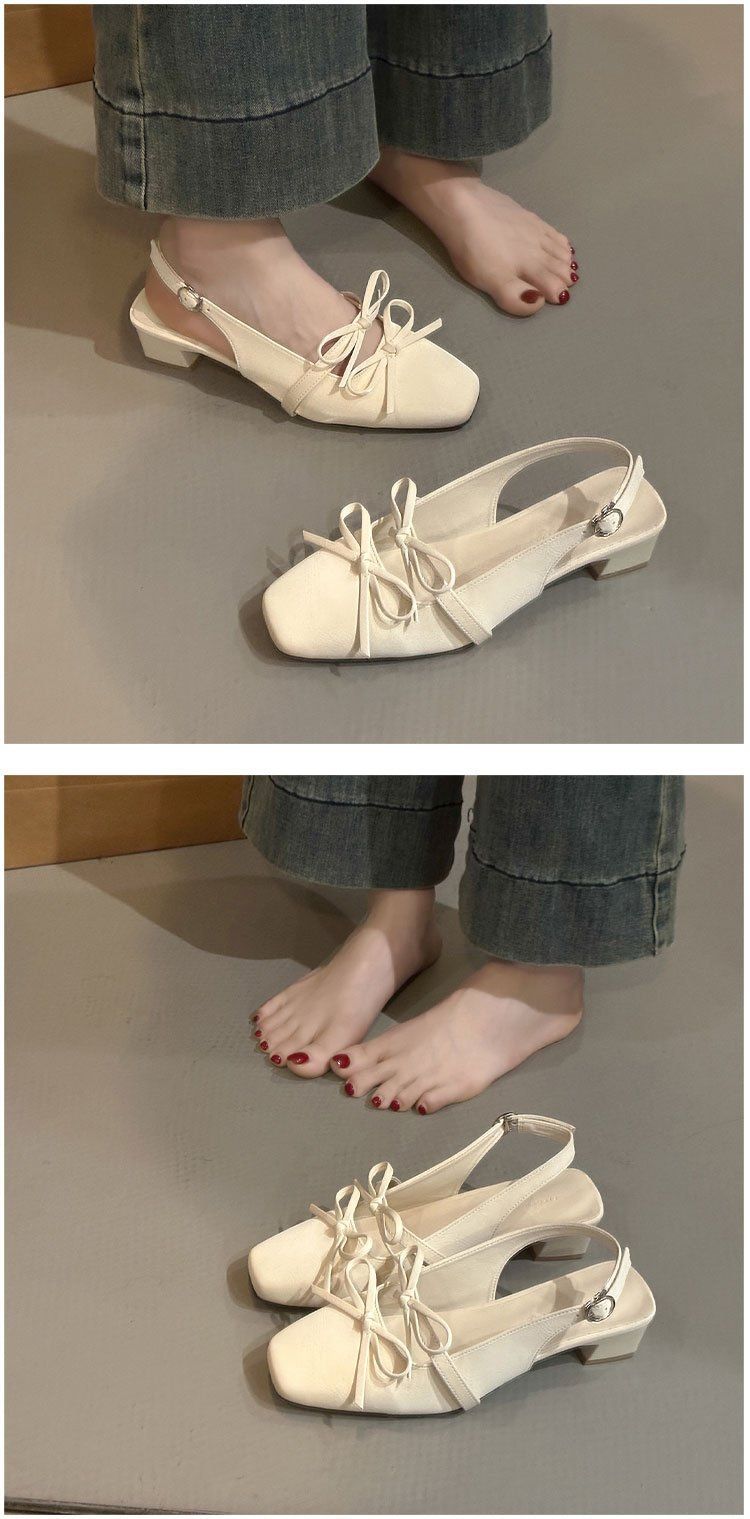 French Evening Bow Pink Women's Closed Toe Strappy Sandals 2025 New Summer Square Toe Shallow Sandals_voghion.com