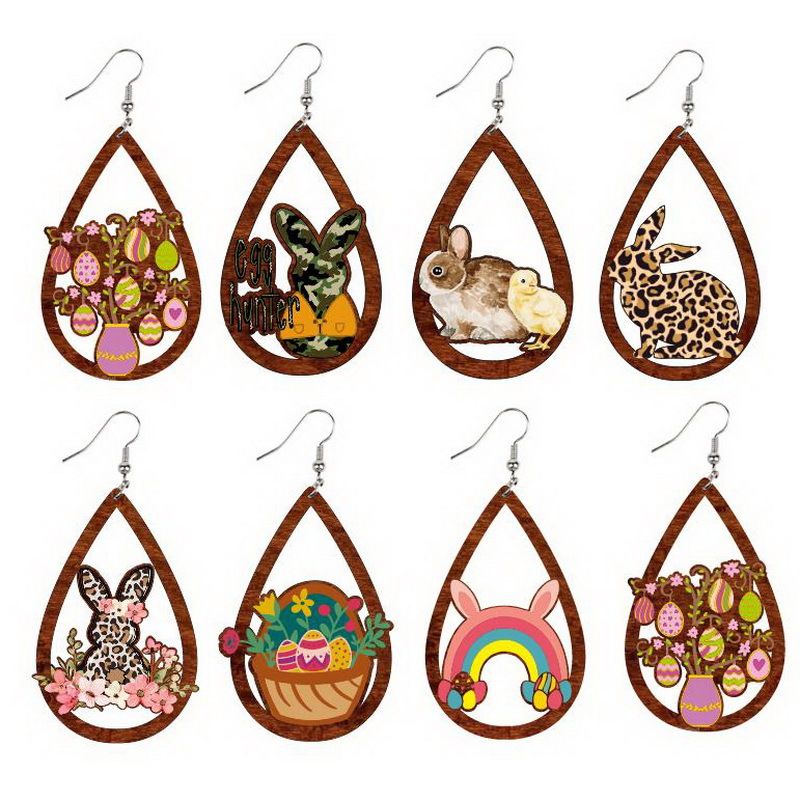 Orecchini a forma di uovo di Pasqua con stampa leopardata a forma di goccia d'acqua cava, tre pulcini di coniglio, regalo di festa per ragazze_voghion.com
