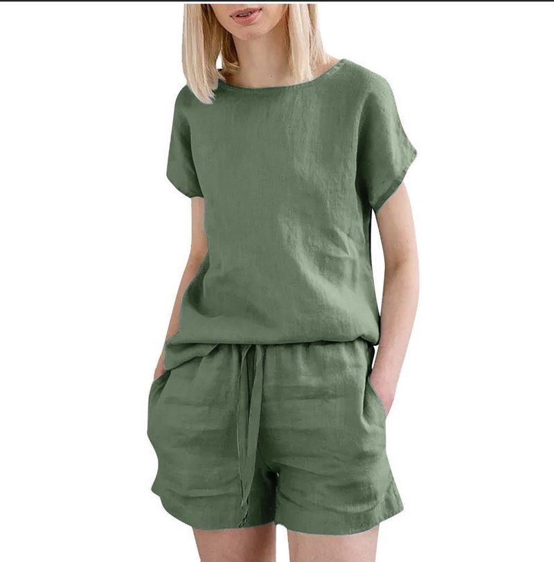 Tuta da donna con maniche corte, in cotone e lino, stile retrò, casual, tinta unita, con coulisse e pantaloncini._voghion.com