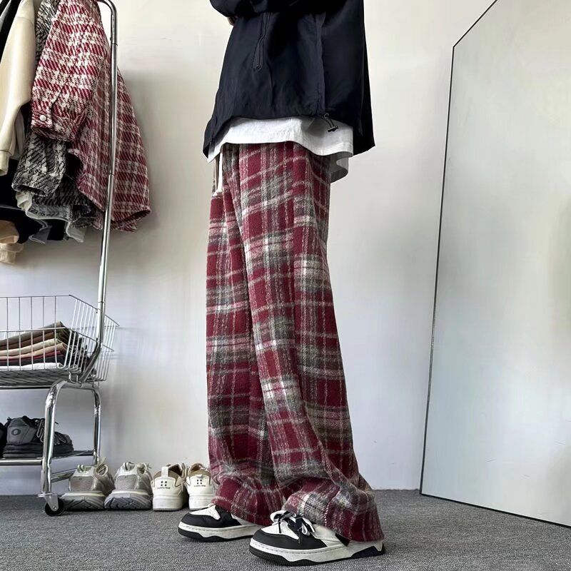 American Plaid For Men's Autumn Winter With Plush Thickened Straight Loose And Trendy Hang Feeling Wide Leg Casual Pants_voghion.com
