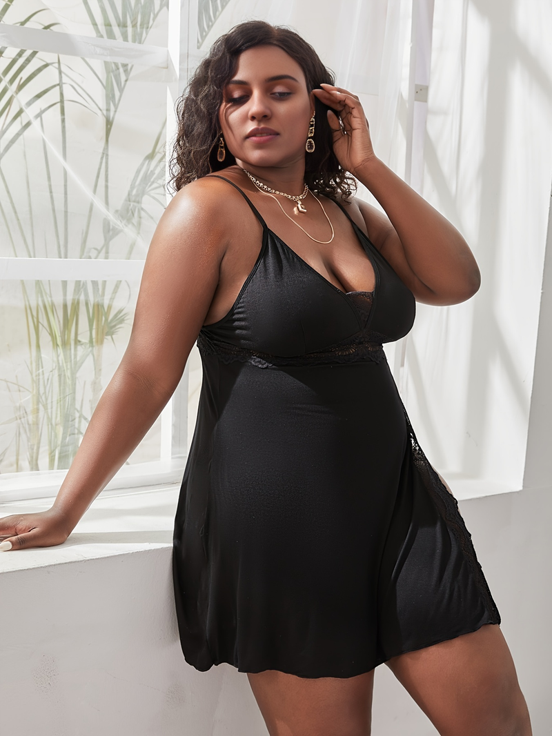 Plus-size effen contrasterende kanten cami sexy nachtjapon, dames plus lichte stretch semi-transparante loungewear_voghion.com