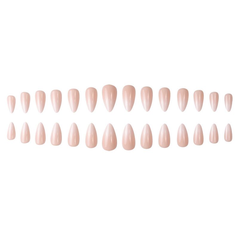 28 unghie finte a mandorla, unghie finte con effetto ombré francese, unghie acriliche di media lunghezza, unghie finte nude bianche naturali per donna_voghion.com